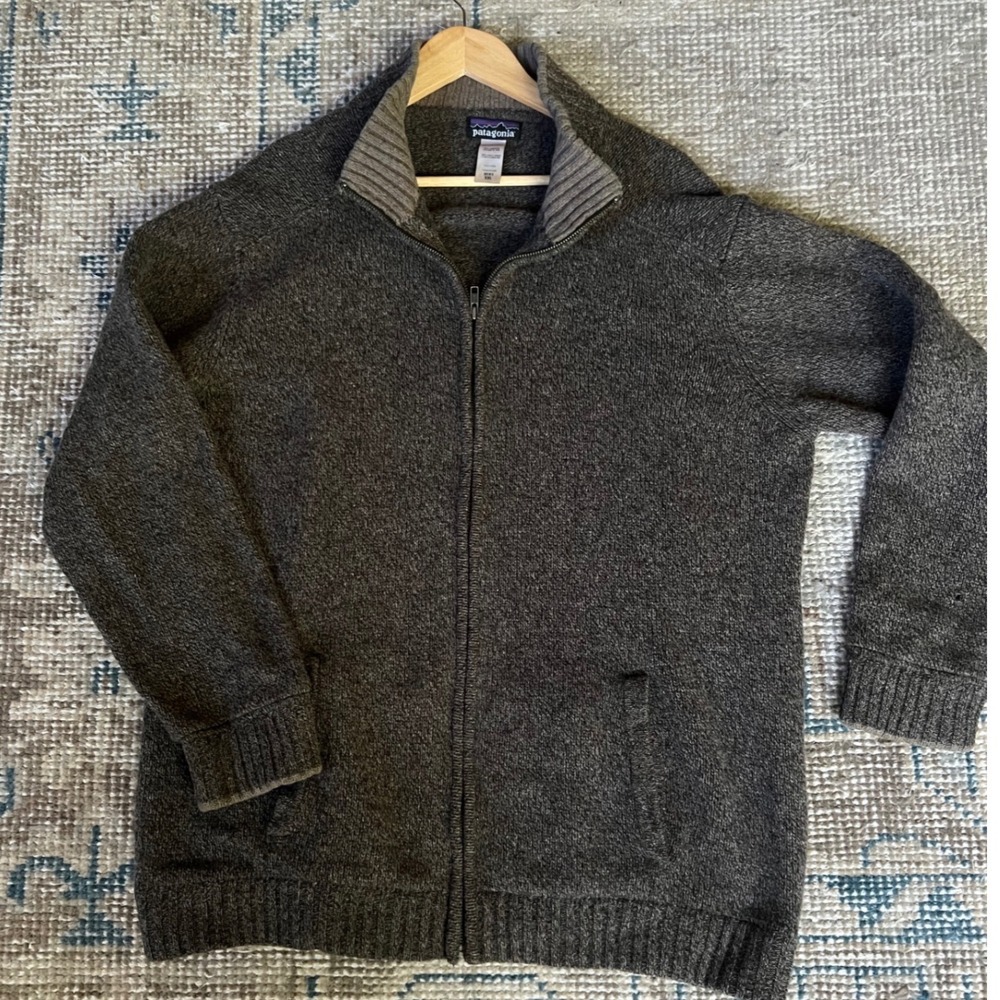 Patagonia Mens XXL Full Zip Lambswool Sweater Brown Marl Mock Neck Knit Jacket